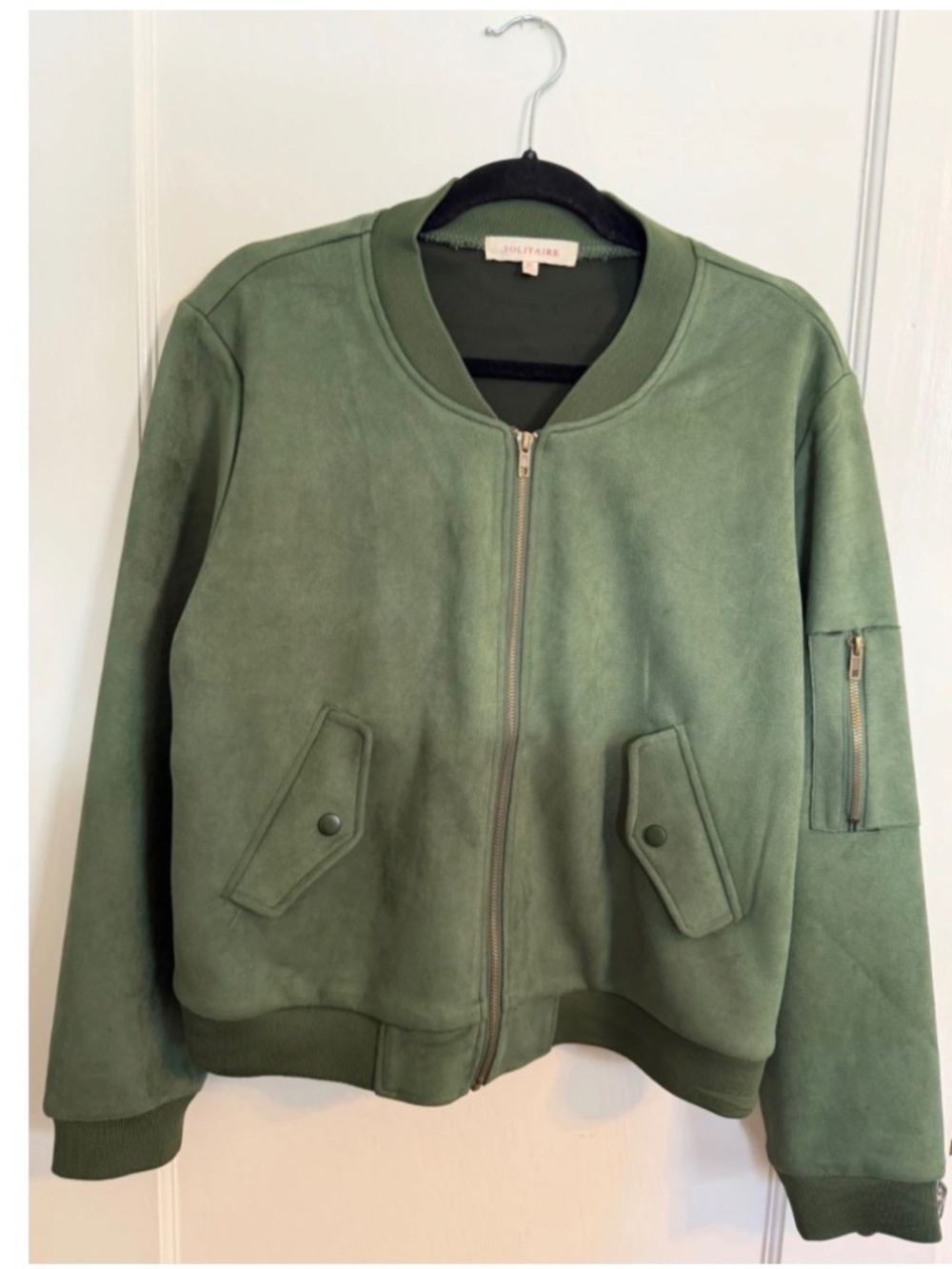 Bomber-style green suede jacket, size L